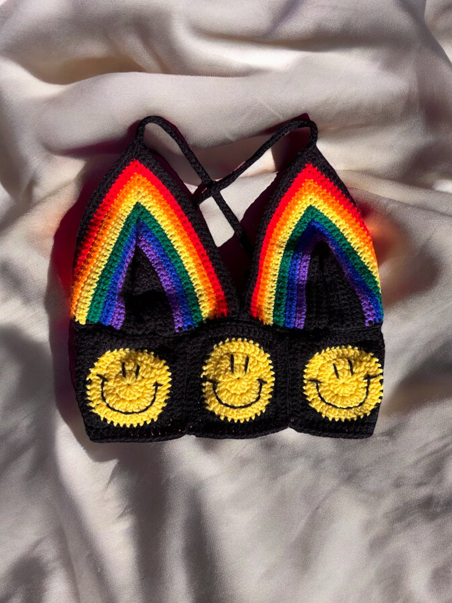 Rainbow Smiley Crochet Knit Crop Top Hippie