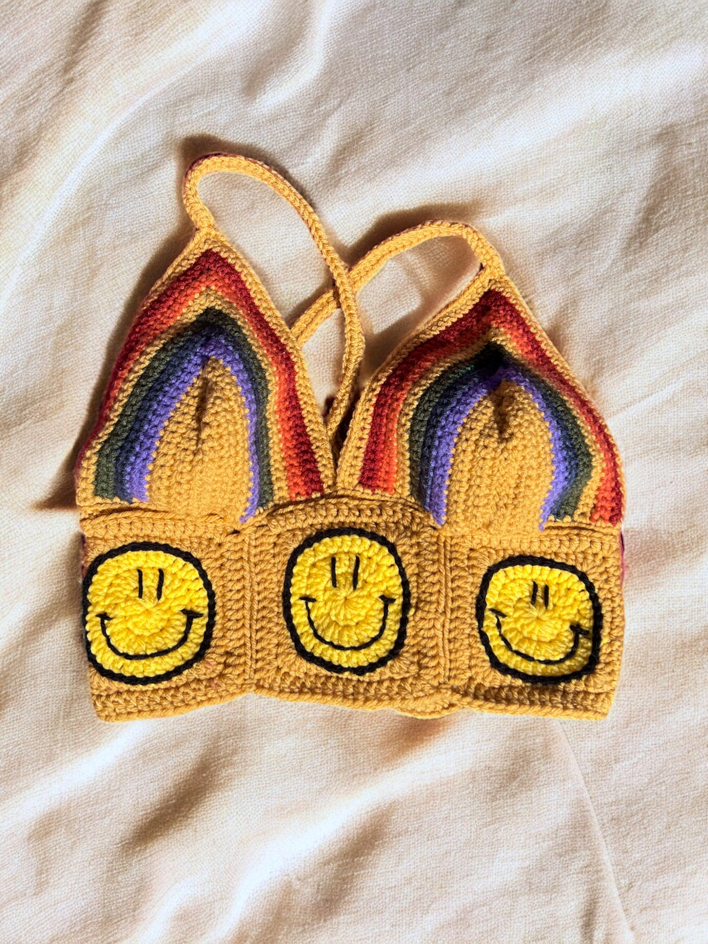 Rainbow Smiley Crochet Knit Crop Top Hippie