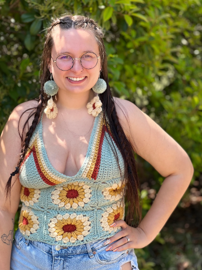 Double Row Crochet Hippie Floral 70’s Crop Top