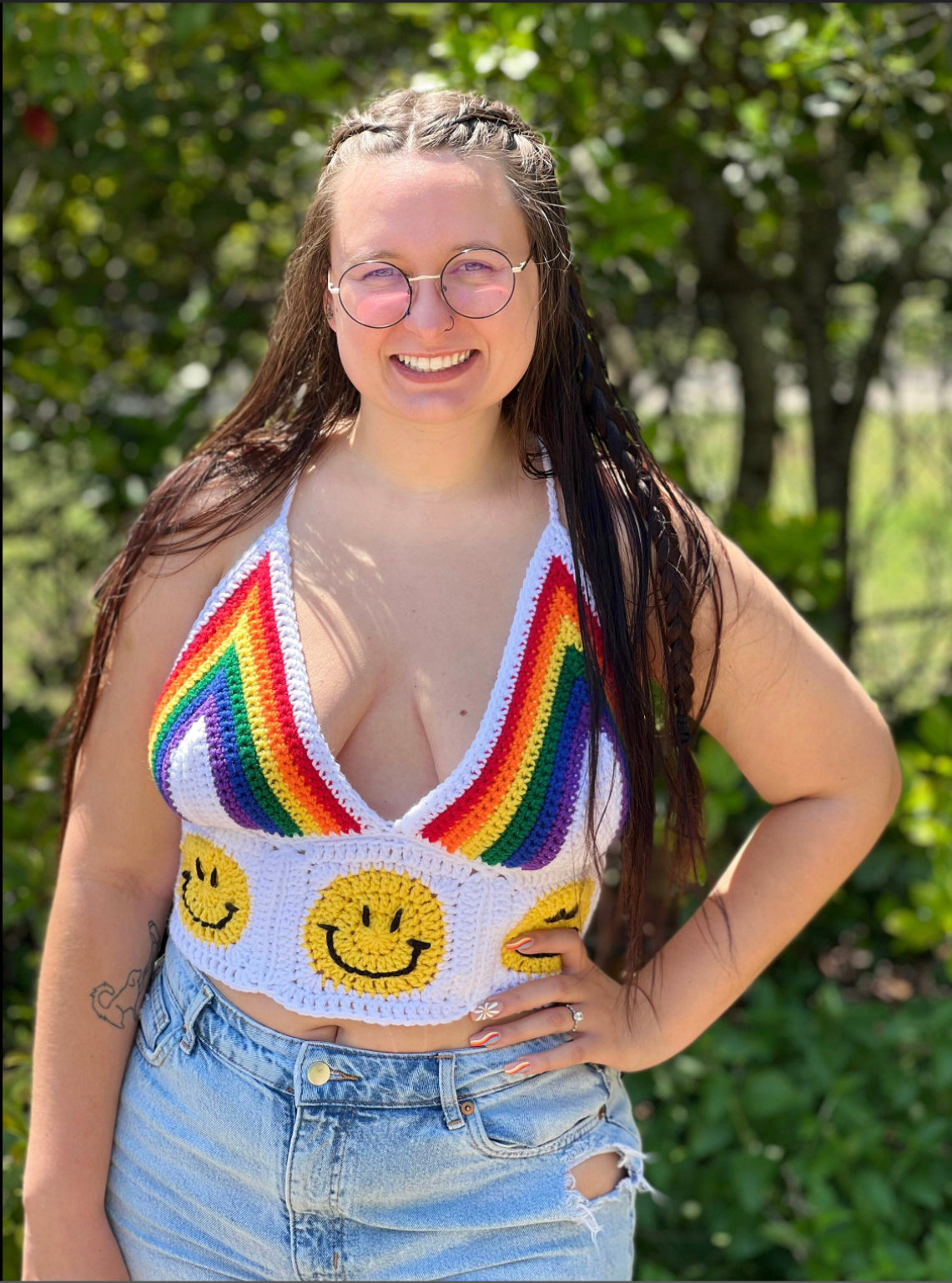 Rainbow Smiley Crochet Knit Crop Top Hippie