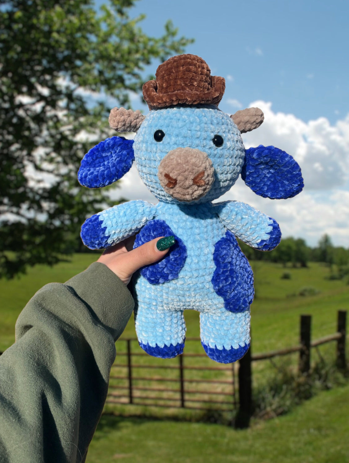 Velvet Plushie Crochet Cow WITH cowboy hat