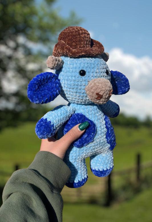 Velvet Plushie Crochet Cow WITH cowboy hat